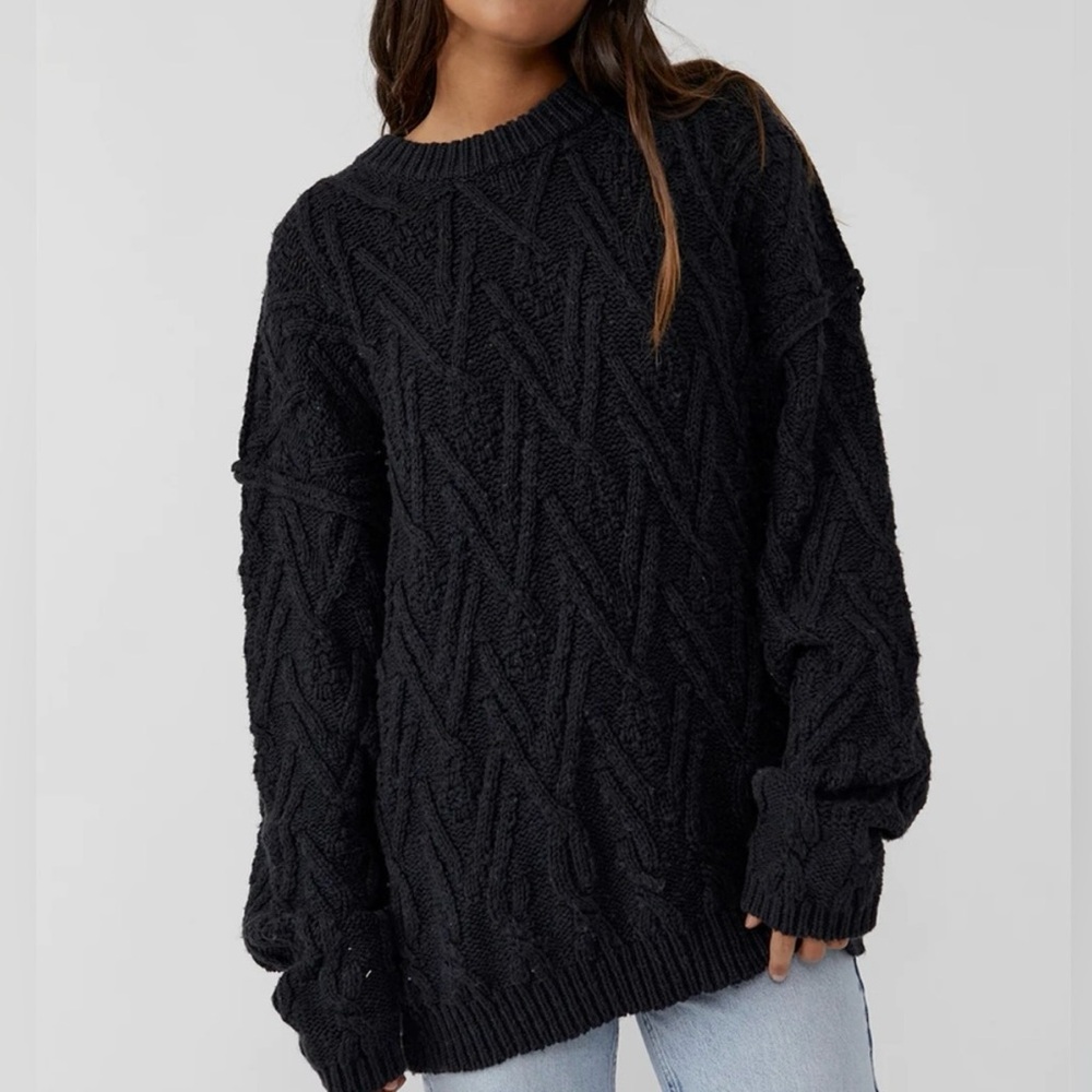 FREE PEOPLE Black Isla Cable Knit Tunic Chunky Warm Long Sleeve Sweater Size XS